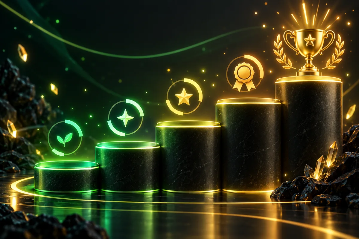 Ascending podium steps lit green to gold with a trophy on top, representing BC Game VIP levels